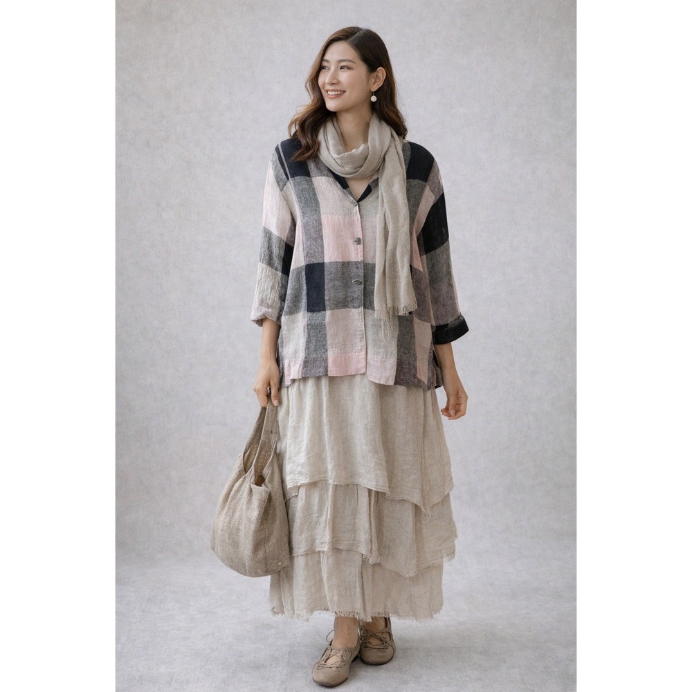 Hopsack Lagenlook Linen Blend Top | Oversized Plaid Layering Blouse Women's M
